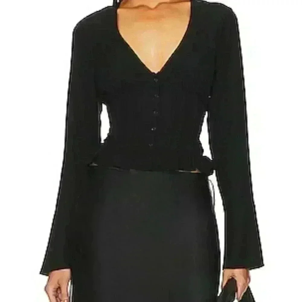 Free People Black Long Bell Sleeves V-Neck Meet Me There Button Down Blouse Sz S